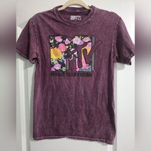 MTV Floral Graphic Tee in Maroon Acid Wash